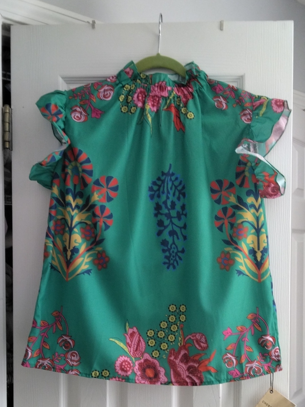 Green Floral Flutter Sleeve Top